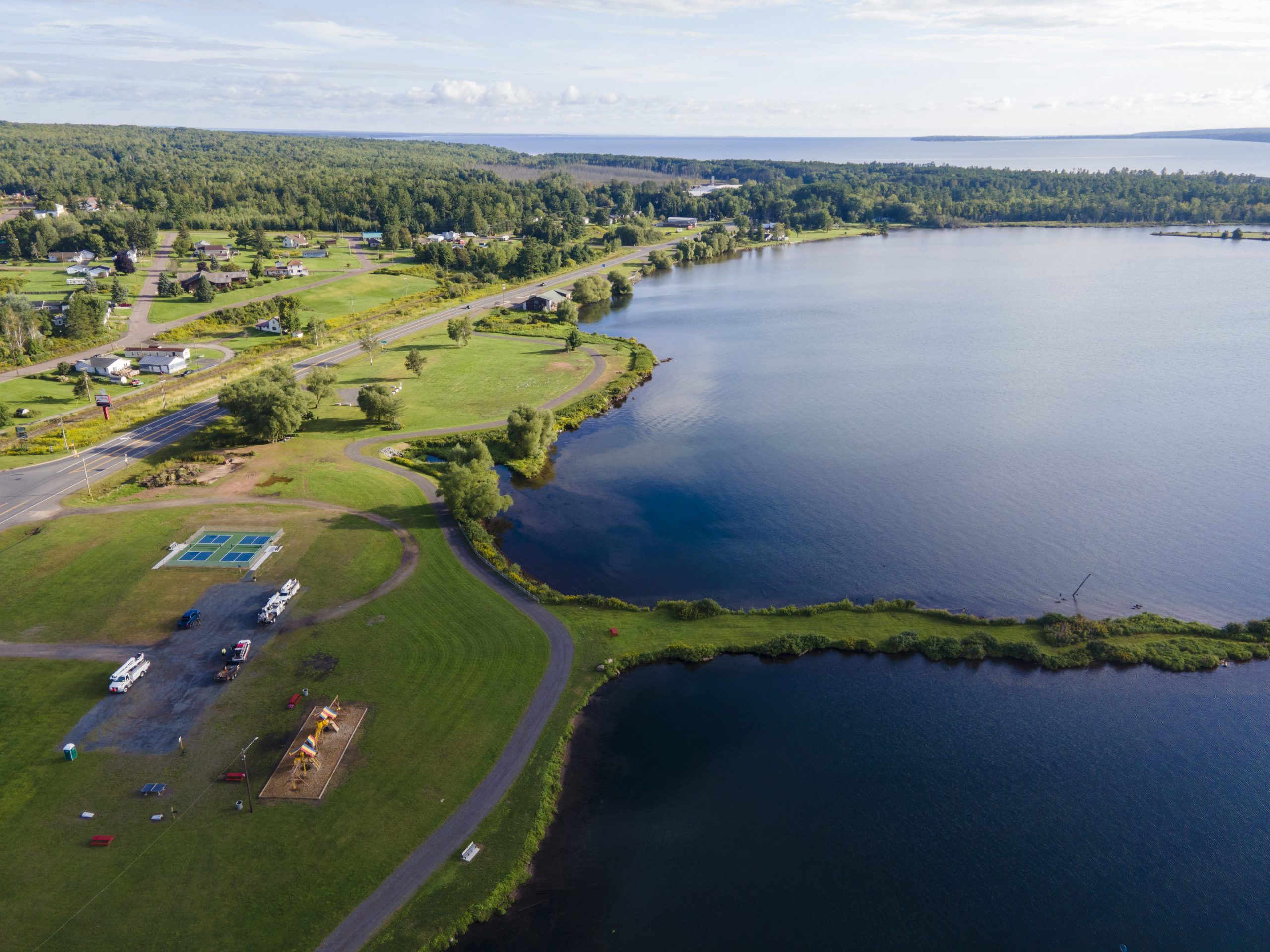 Keweenaw Bay, Lake Superior Drone shot of the Village of Baraga shoreline